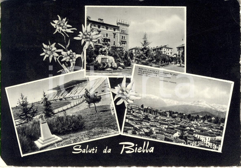 Cartolina originale da collezione 1965 BIELLA Vedutine della cittÃ  con stadio LAMARMORA e giardini pubblici FG VG 1