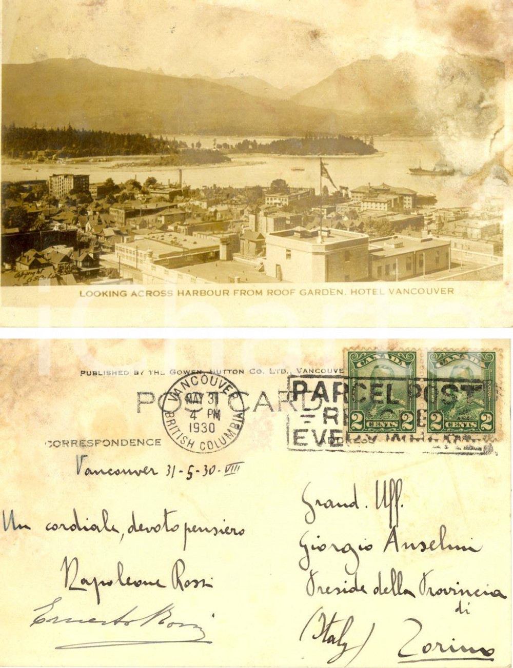 Autografo originale 1930 VANCOUVER CDN Harbour Napoleone ROSSI DI MONTELERA DANNEGGIATA 1