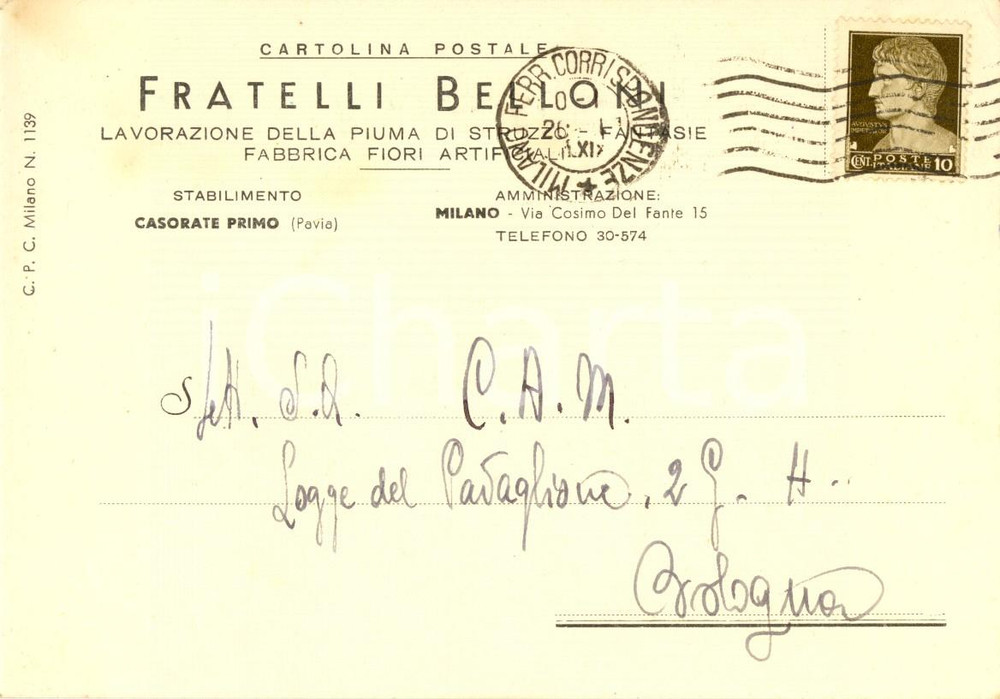 Cartolina originale da collezione 1941 MILANO Fratelli BELLONI piume di struzzo e fiori artificiali * INTESTATA VG 1