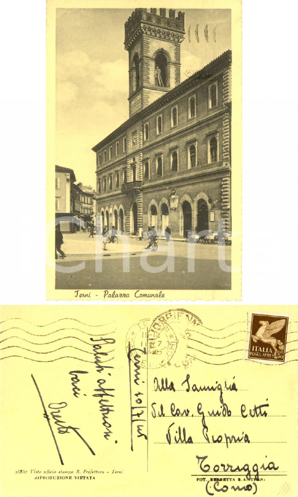 Autografo originale 1945 TERNI Palazzo comunale Cartolina Oreste CETTI di TORRIGLIA FP VG 1
