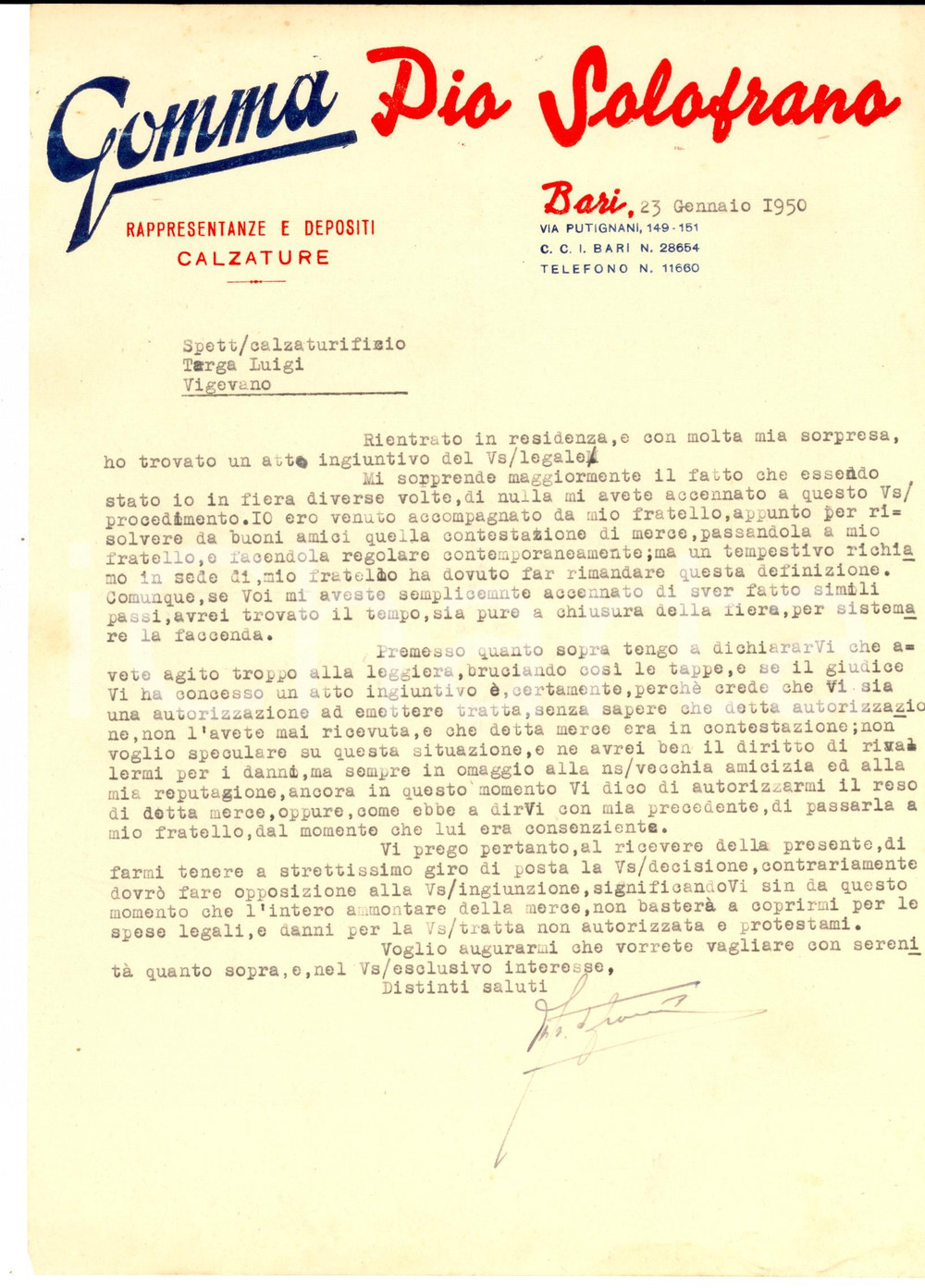 Manoscritto, lettera originale 1950 BARI Pio SOLOFRANO deposito calzature *Lettera per merce contestata 1