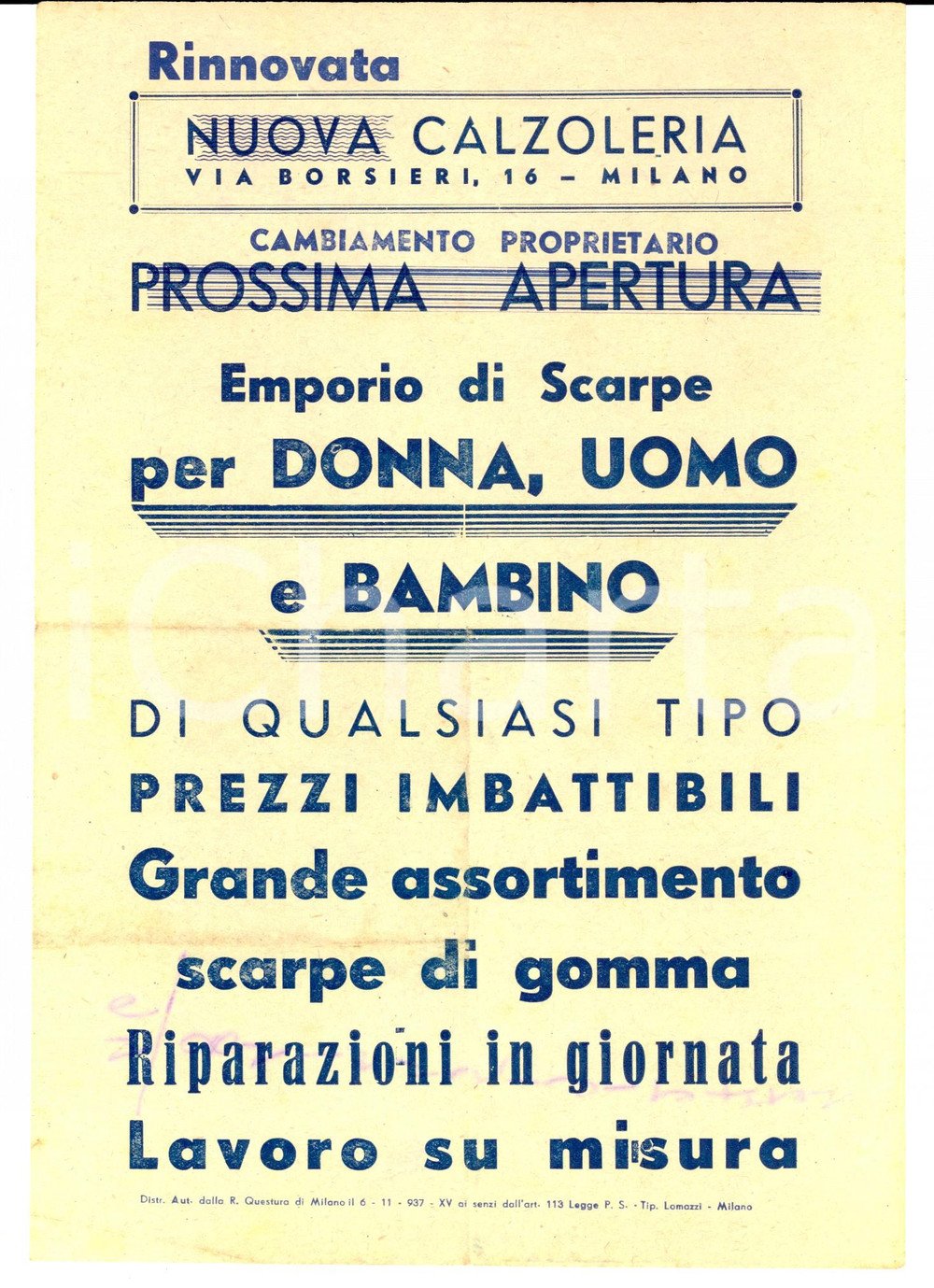 Materiale pubblicitario d’epoca 1937 MILANO via BORSIERI Nuova calzoleria  Emporio scarpe Manifestino 1