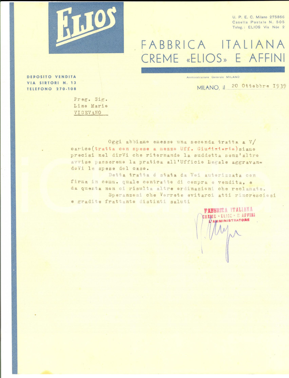Documento originale, autentico 1939 MILANO Fabbrica Italiana CREME ELIOS e affini Lettera commerciale 1