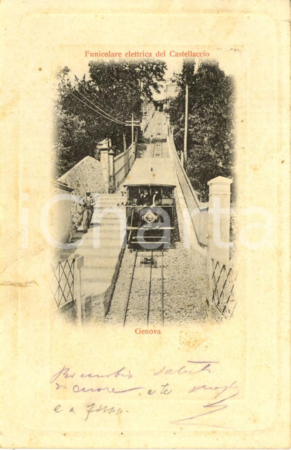 Cartolina originale da collezione 1902 GENOVA Funicolare elettrica del CASTELLACCIO *Cartolina ANIMATA FP VG 1