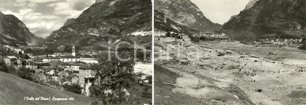 Cartolina originale da collezione 1964 LONGARONE (BL) Veduta paese prima e dopo disastro VAJONT *Cartolina DOPPIA 1