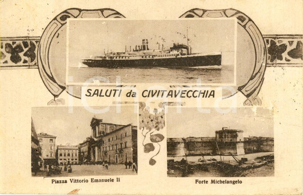 Cartolina originale da collezione 1932 CIVITAVECCHIA ROMA Vedutine Piazza VITTORIO EMANUELE II Forte MICHELANGELO 1