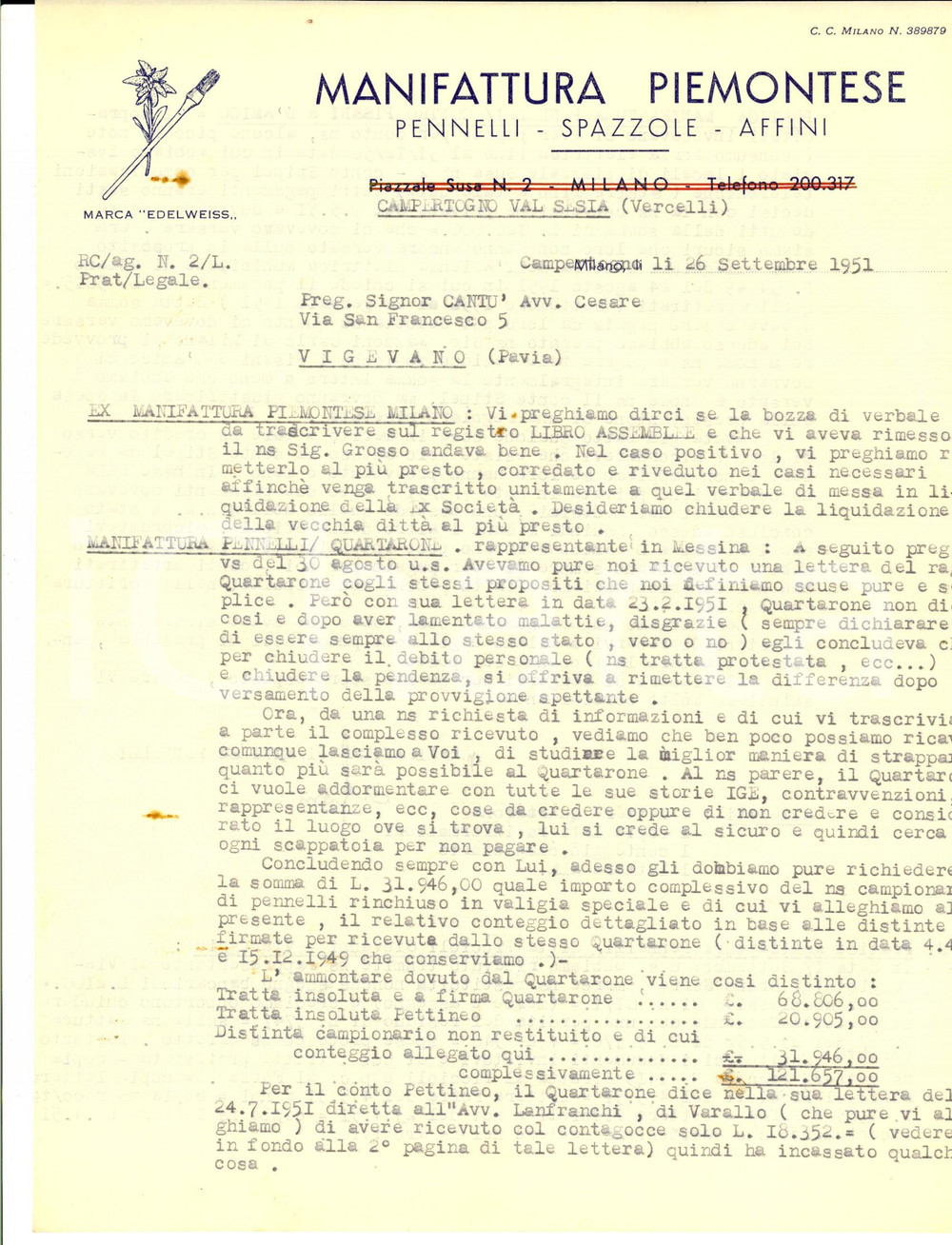 Manoscritto, lettera originale 1951 CAMPERTOGNO VC Manifattura Piemontese Pennelli contro debitori insolventi 1