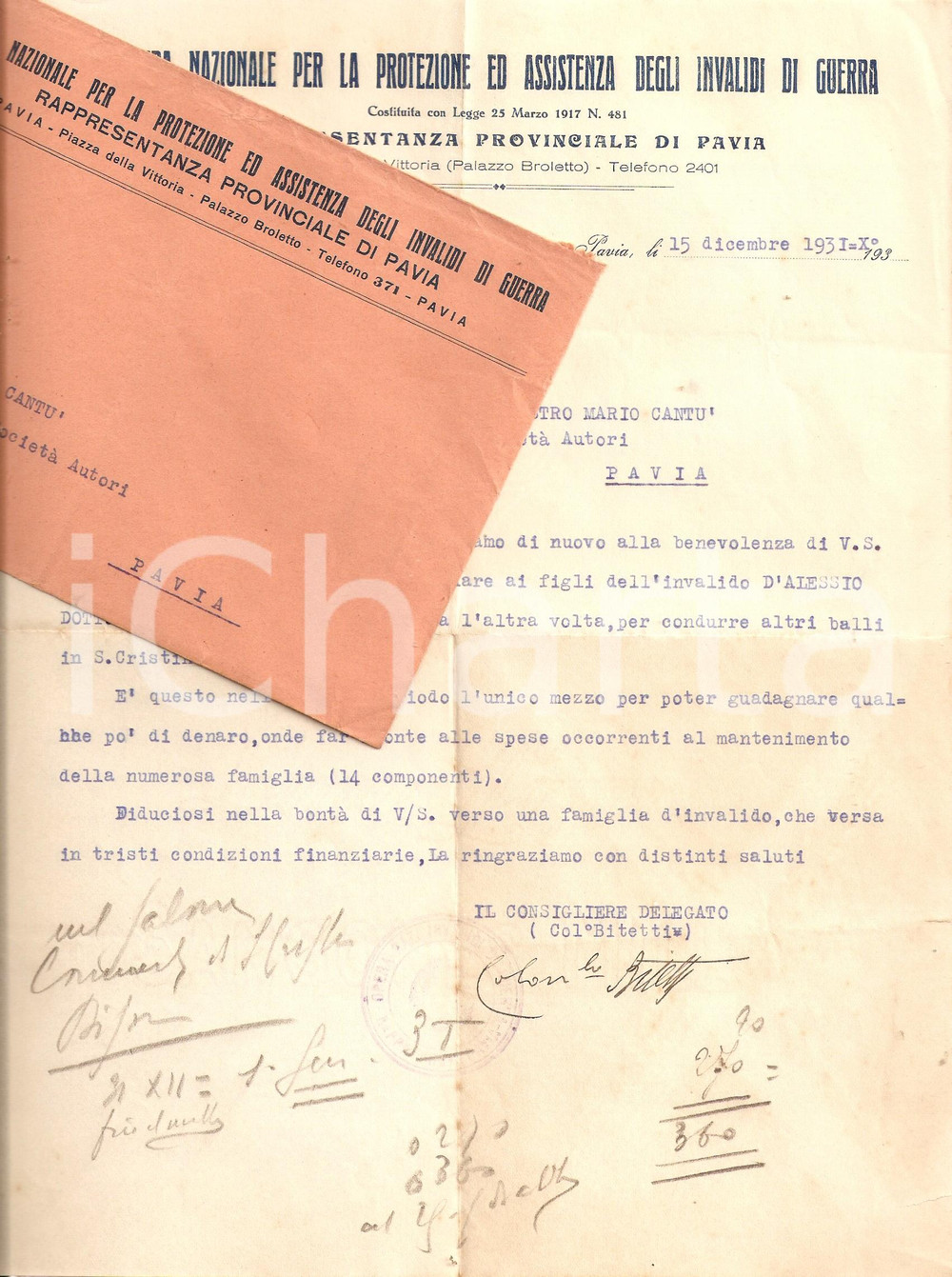 Documento originale, autentico 1931 SANTA CRISTINA E BISSONE (PV) Permesso per balli *Opera Invalidi di Guerra 1
