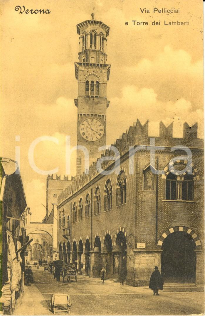 Cartolina originale da collezione 1912 VERONA Via PELLICCIAI e torre dei LAMBERTI ANIMATA con carretto FP VG 1