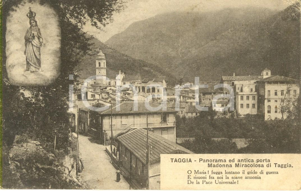Cartolina originale da collezione 1916 TAGGIA (IM) Panorama e antica porta - Madonna Miracolosa *DANNEGGIATA 1