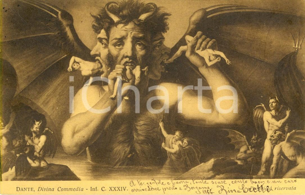 Cartolina originale da collezione 1914 ARTE Divina Commedia DANTE Inferno canto XXXIV LUCIFERO *ILLUSTRATA 1