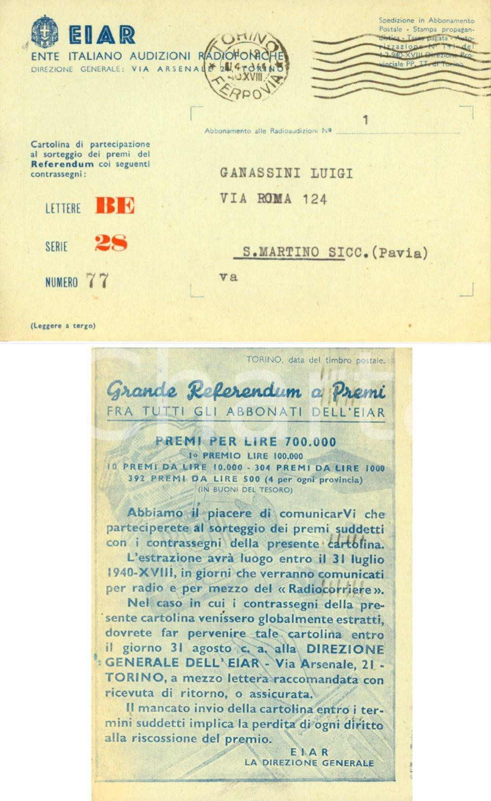 Cartolina originale da collezione 1940 TORINO EIAR Grande referendum a premi fra gli abbonati Cartolina FG VG 1