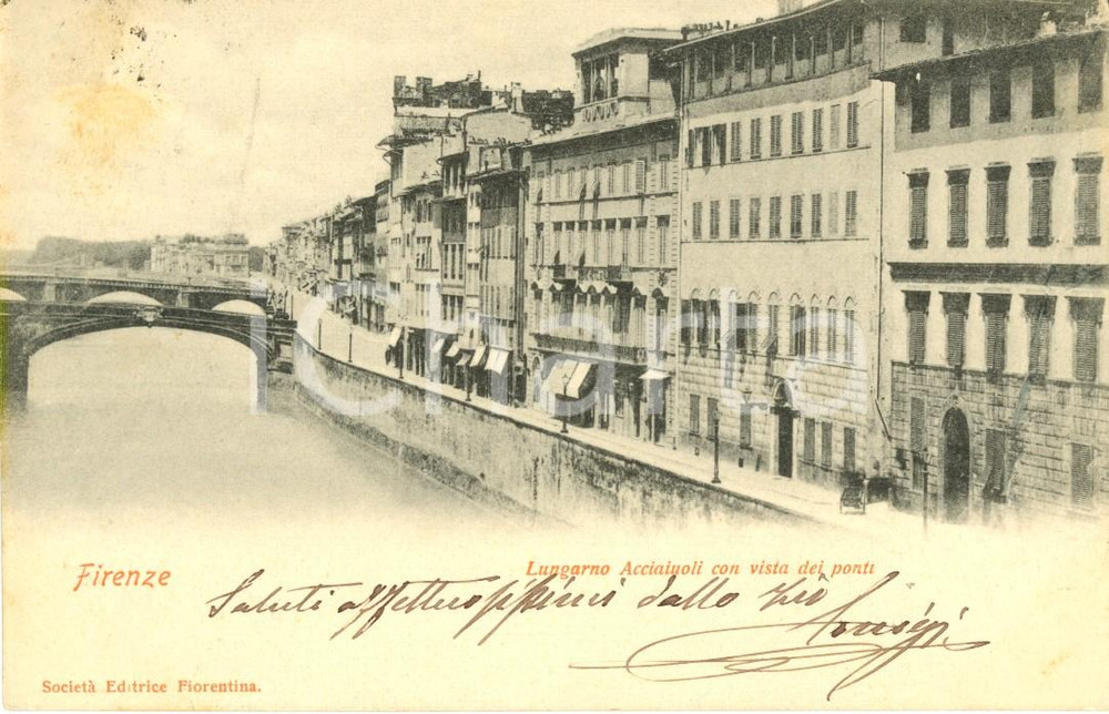 Cartolina originale da collezione 1900 ca FIRENZE Lungarno ACCIAIUOLI con vista dei ponti *Cartolina ANIMATA FP VG 1