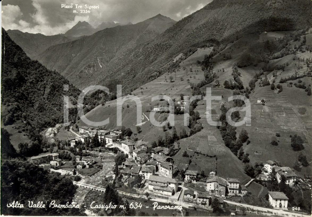 Cartolina originale da collezione 1955 CASSIGLIO BG Val BREMBANA Veduta del paese con Pizzo TRE SIGNORI FG VG 1