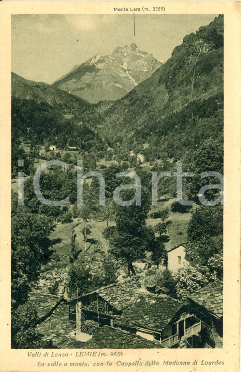 Cartolina originale da collezione 1932 LEMIE (TO) Vallata con cappella MADONNA DI LOURDES e monte LERA *FP VG 1