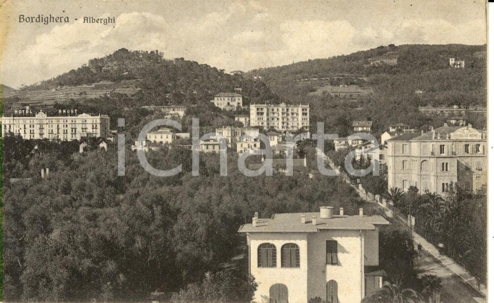 Cartolina originale da collezione 1920 ca BORDIGHERA IM Veduta di alcuni alberghi della città DANNEGGIATA FP NV 1
