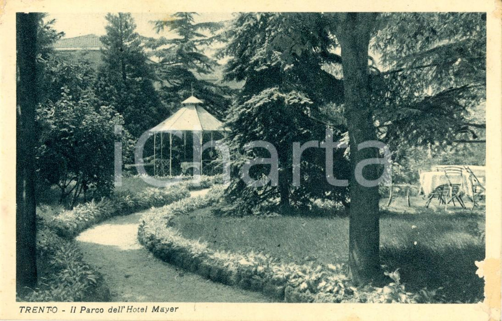 Cartolina originale da collezione 1930 ca TRENTO Il parco dell hotel MAYER Cartolina postale DANNEGGIATA FP NV 1
