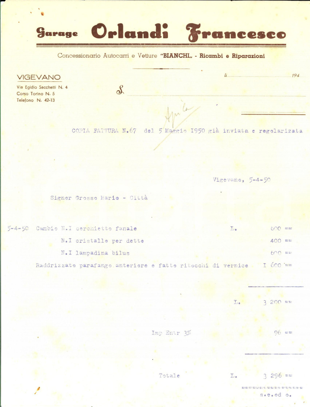 Manoscritto, lettera originale 1950 VIGEVANO PV Garage Francesco ORLANDI Automobili Fattura intestata 20x30 1