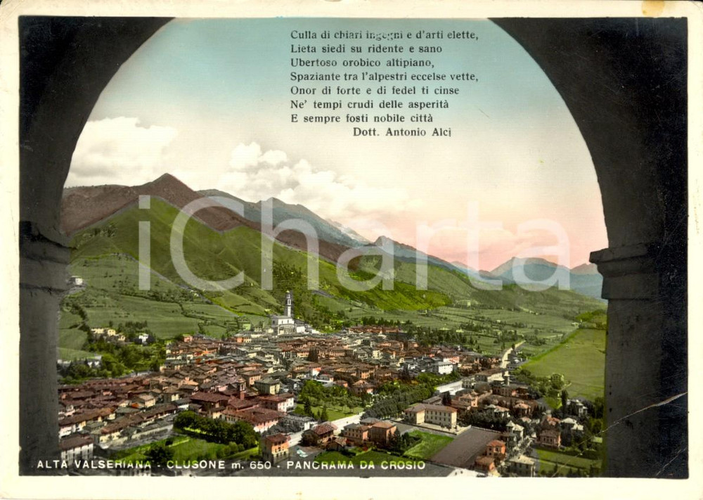 Cartolina originale da collezione 1940 ca CLUSONE BG Veduta del paese dalla collina di CROSIO DANNEGGIATA 1