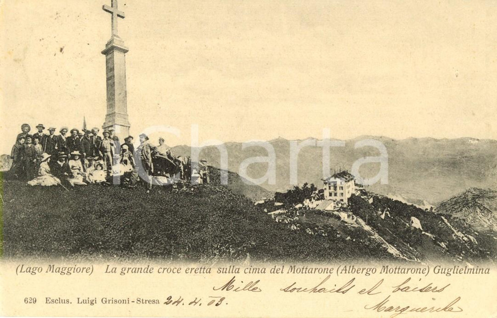 Cartolina originale da collezione 1903 MOTTARONE VB Escursionisti sotto la croce e albergo MOTTARONE Animata VG 1