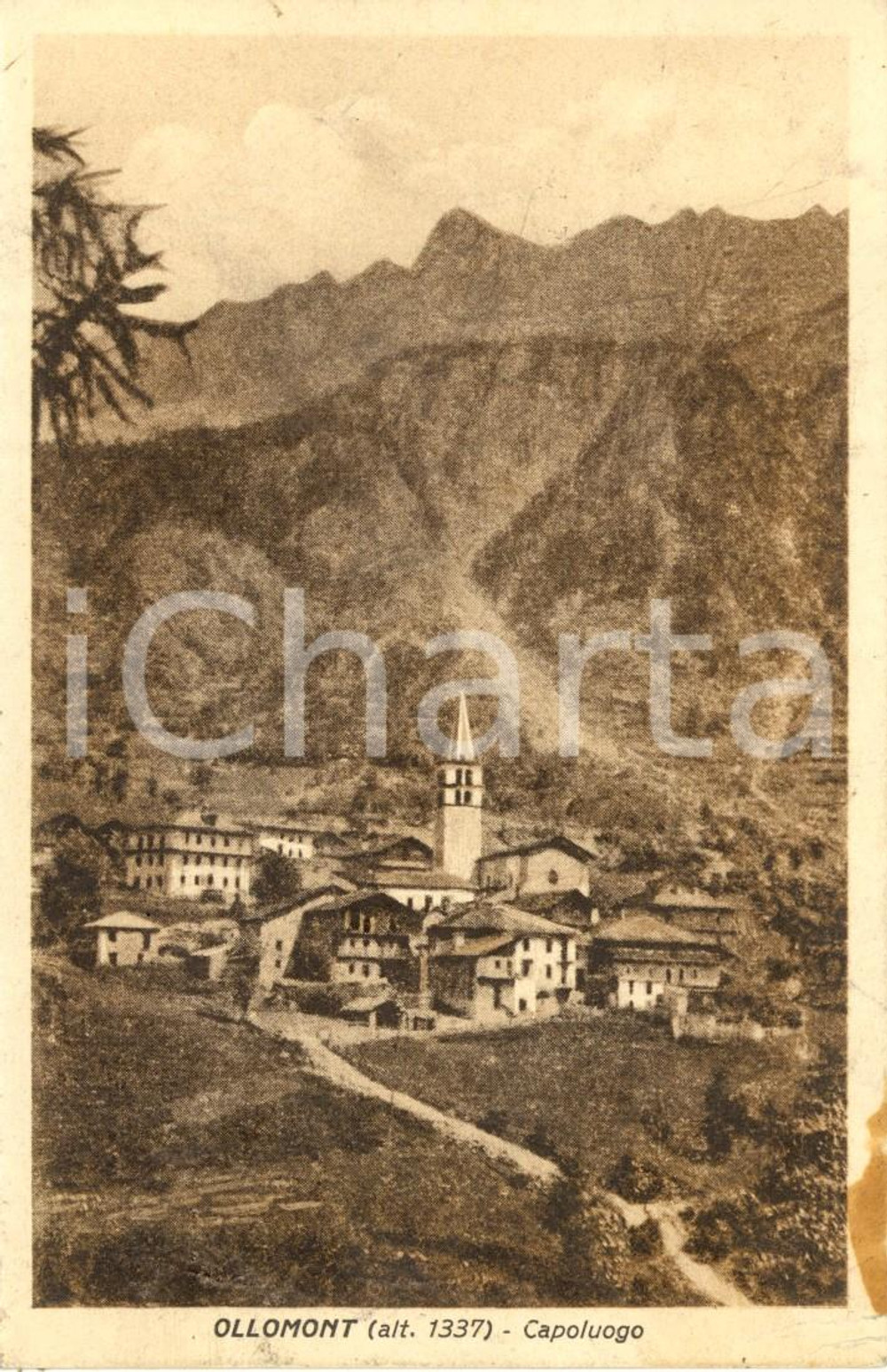 Cartolina originale da collezione 1938 OLLOMONT AO Veduta del paese e delle montagne Cartolina postale FP VG 1
