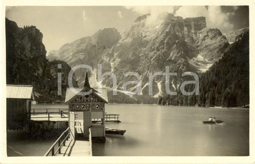 Cartolina originale da collezione 1934 BRAIES (BZ) Barche sul lago e DOLOMITI *Cartolina ANIMATA FP VG 1