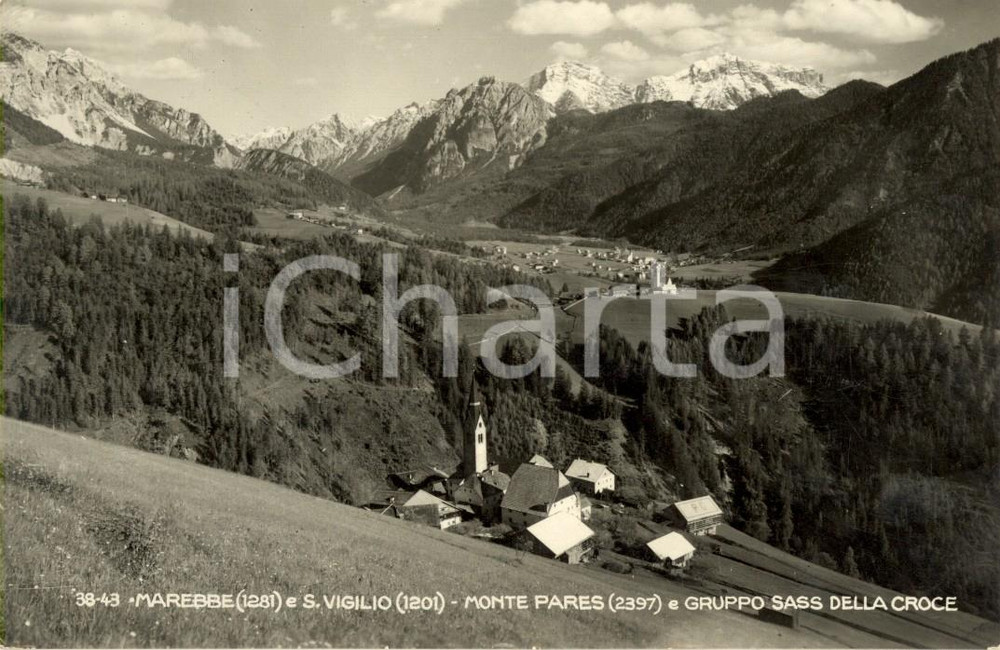 Cartolina originale da collezione 1953 MAREBBE BZ Il paese con SAN VIGILIO monte PARES e SASS DELLA CROCE VG 1