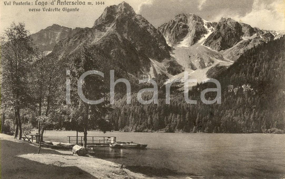 Cartolina originale da collezione 1935 ca RASUNANTERSELVA BZ Veduta lago e Vedrette GIGANTE ANIMATA con barche 1