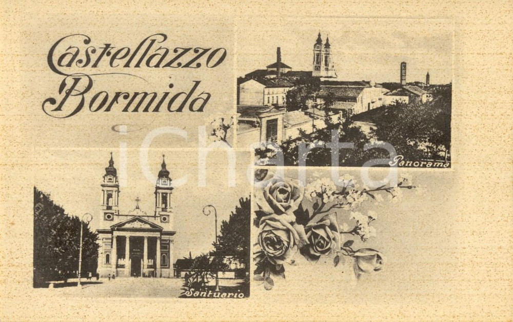 Cartolina originale da collezione 1942 CASTELLAZZO BORMIDA Vedutine paese e santuario BEATA VERGINE DELLA CRETA 1