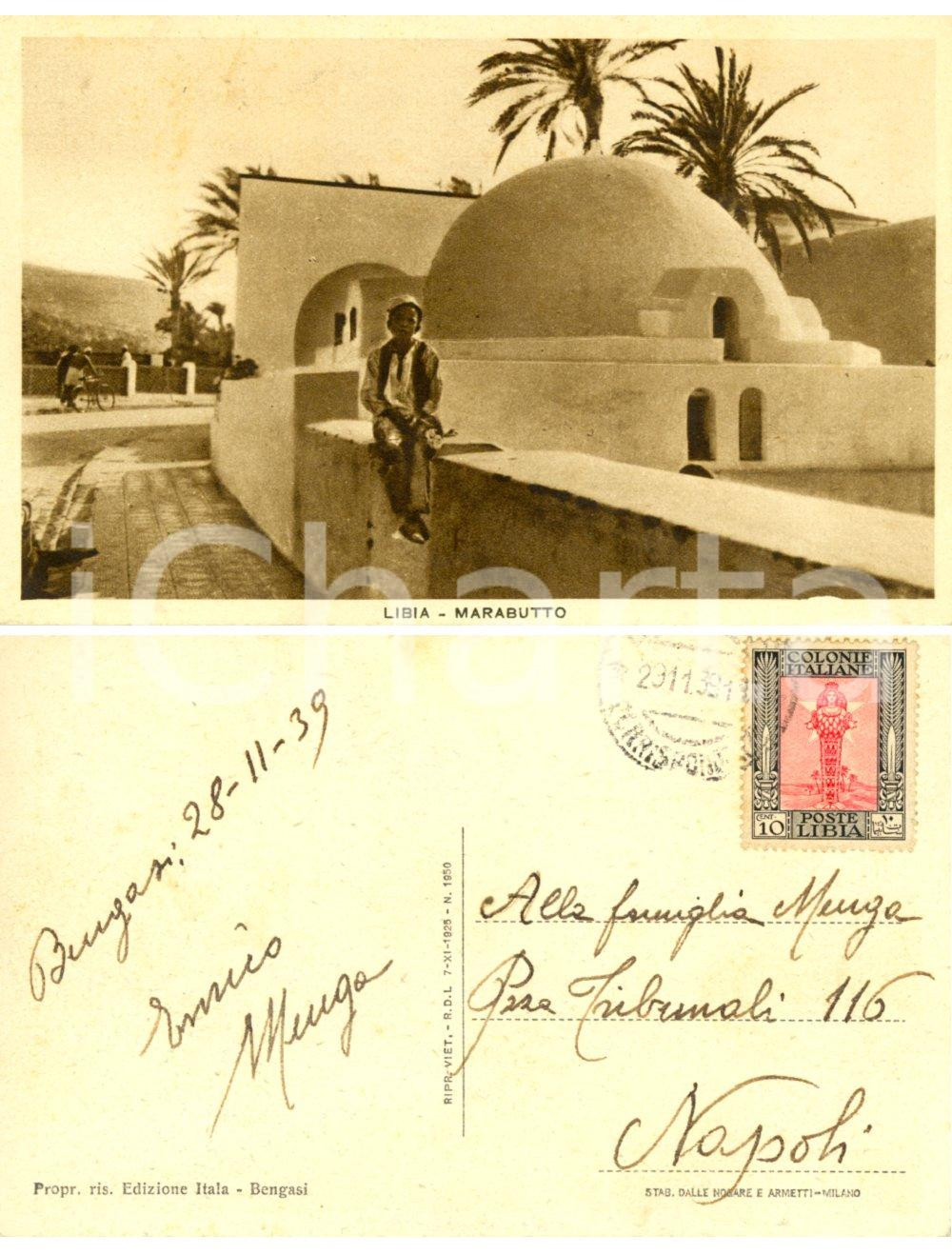 Cartolina originale da collezione 1939 BENGASI LIBIA Indigeno davanti a un MARABUTTO Cartolina ANIMATA FP VG 1