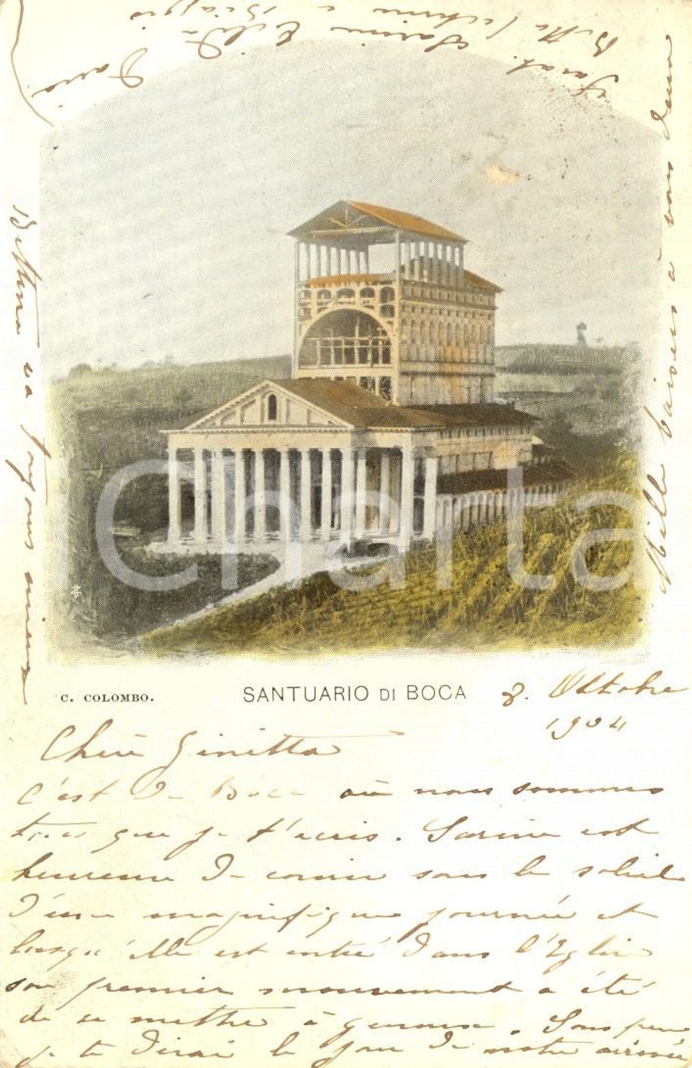 Cartolina originale da collezione 1904 BOCA (NO) Veduta del Santuario del SANTISSIMO CROCIFISSO *Cartolina FP VG 1