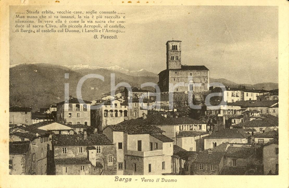 Cartolina originale da collezione 1932 BARGA (LU) Panorama paese verso il Duomo di SAN CRISTOFORO *DANNEGGIATA 1