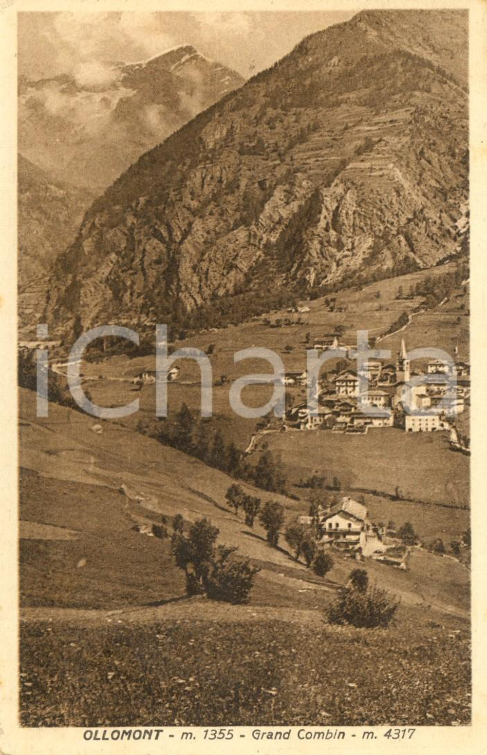 Cartolina originale da collezione 1936 OLLOMONT (AO) Veduta del paese con GRAND COMBIN *Cartolina postale FP VG 1