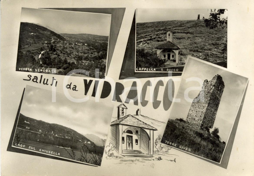 Cartolina originale da collezione 1953 VIDRACCO (TO) Vedutine lago CHIUSELLA cappella SAN ROCCO e torre CIVES *VG 1