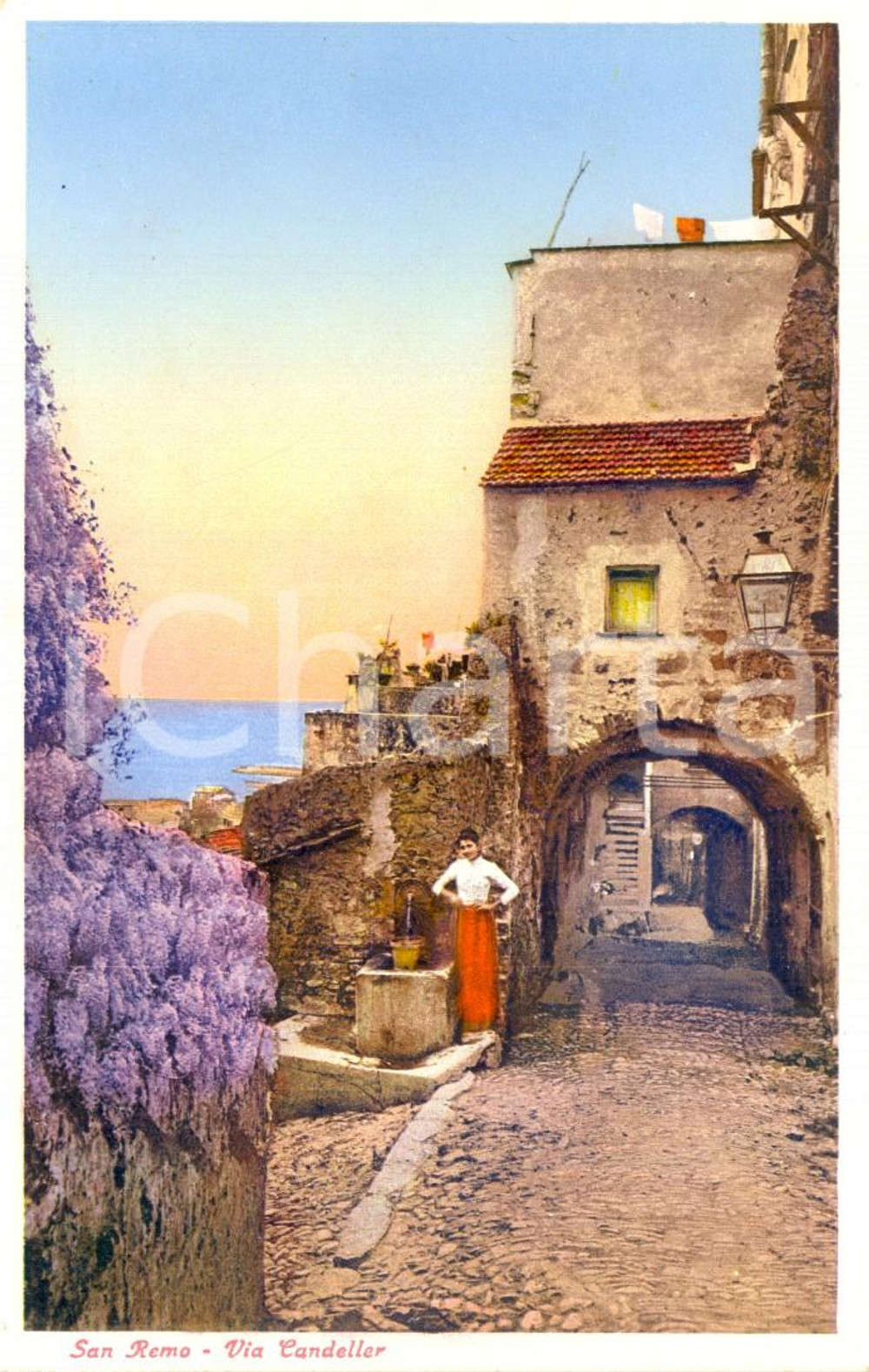 Cartolina originale da collezione 1935 ca SANREMO (IM) Veduta Via CANDELLER con glicine *Cartolina ANIMATA FP NV 1