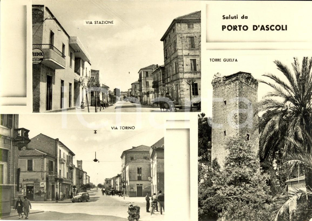 Cartolina originale da collezione 1954 PORTO D ASCOLI AP Vedutine Via TORINO e Torre GUELFA Animata FG VG 1