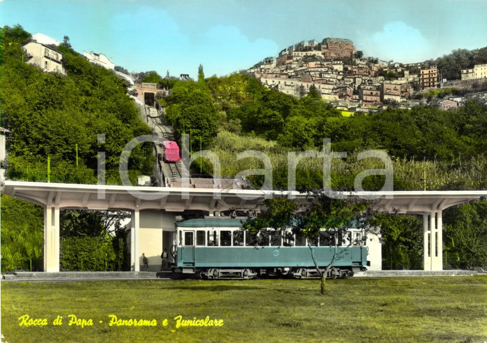 Cartolina originale da collezione 1967 ROCCA DI PAPA (ROMA) Panorama paese e funicolare *ANIMATA con treno FG VG 1