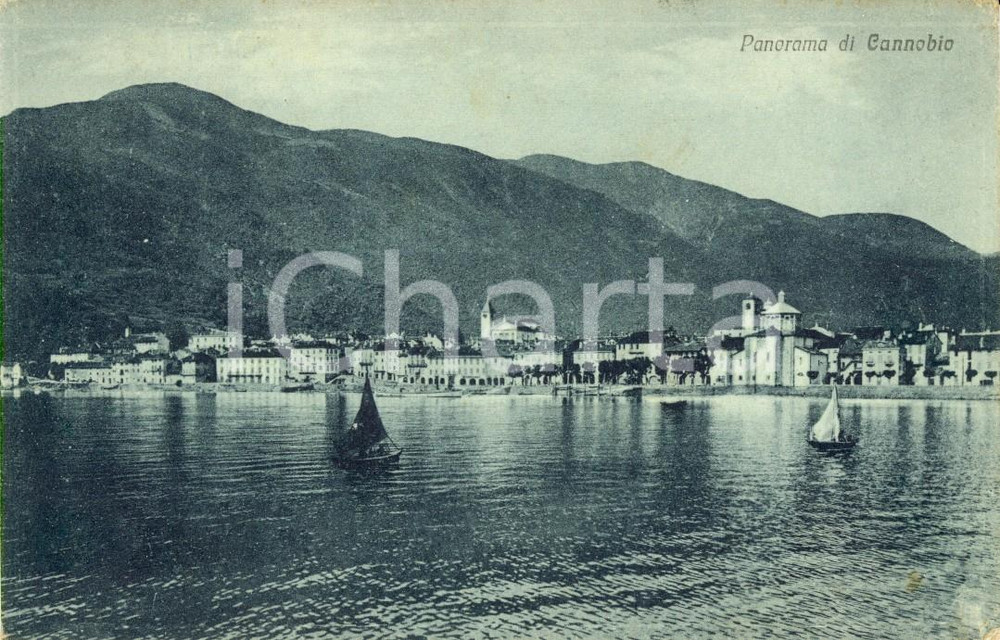 Cartolina originale da collezione 1920 CANNOBIO (VB) Panorama paese con vele sul Lago MAGGIORE *Cartolina FP VG 1
