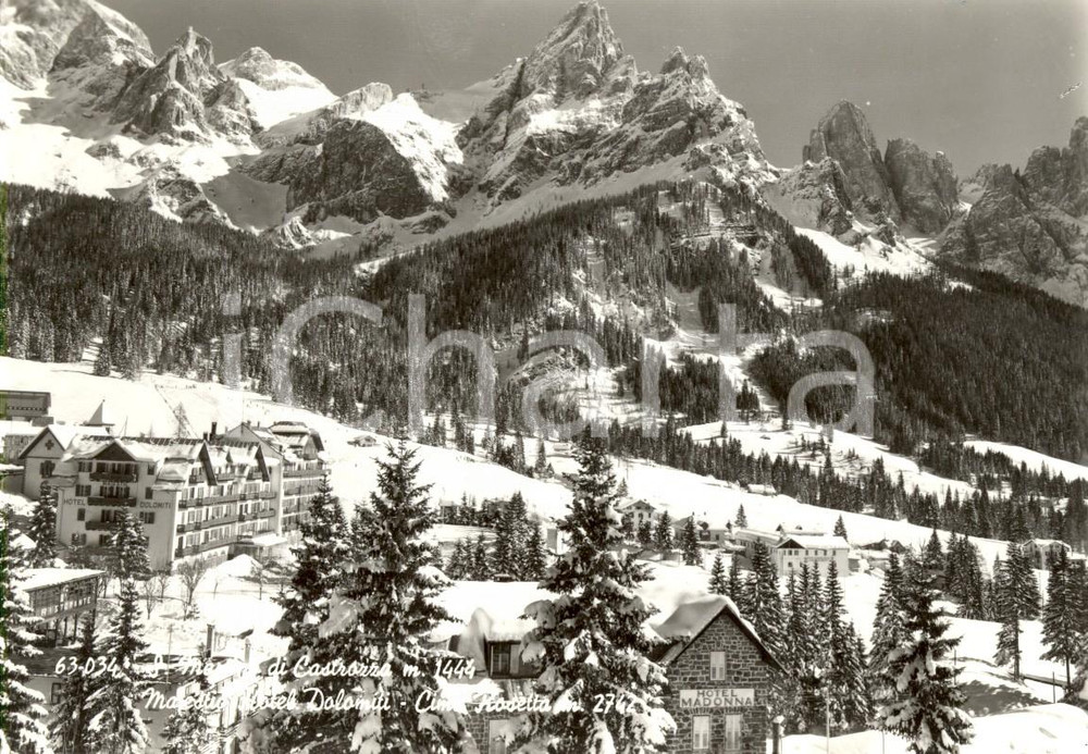 Cartolina originale da collezione 1960 ca SAN MARTINO DI CASTROZZA (TN) Alberghi DOLOMITI e MADONNA e cima ROSETTA 1