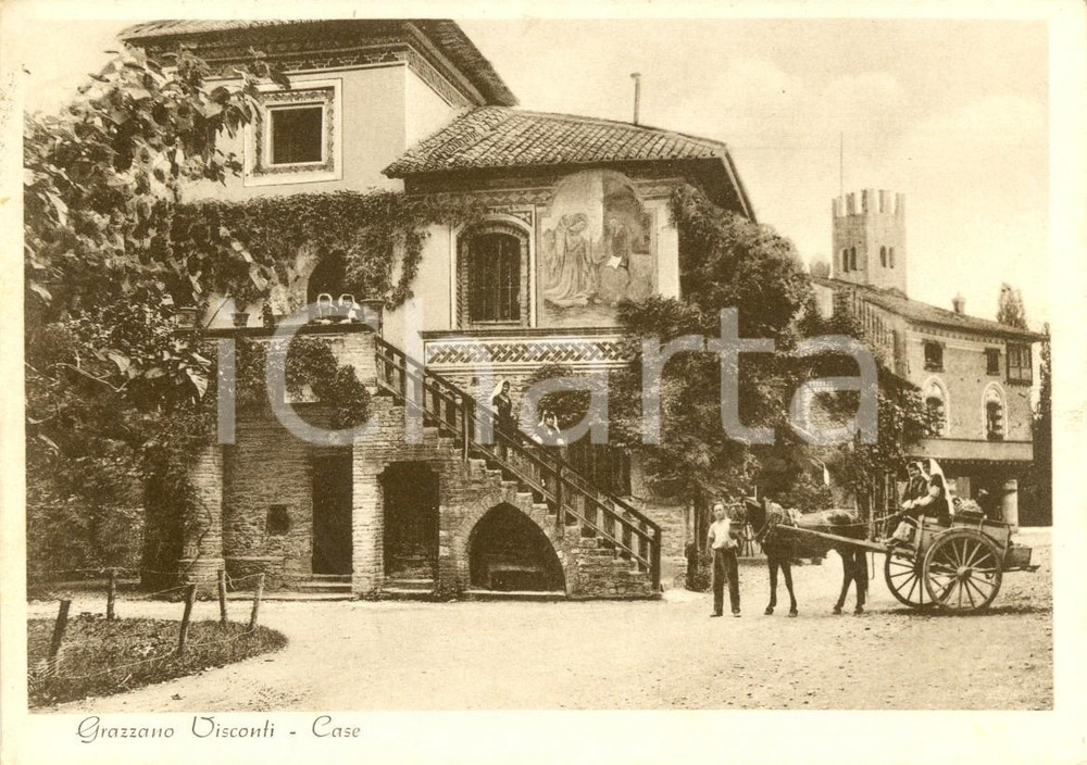 Cartolina originale da collezione 1939 VIGOLZONE PZ Case di GRAZZANO VISCONTI ANIMATA con carretto FG VG 1