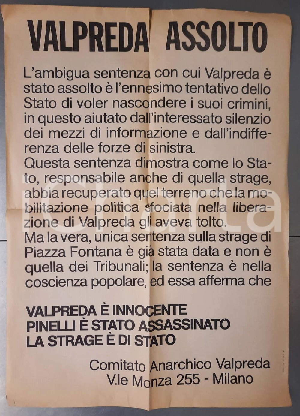 Materiale pubblicitario d’epoca 1981 MILANO Comitato Anarchico VALPREDA  Valpreda assolto Manifesto AUTOGRAFO 1