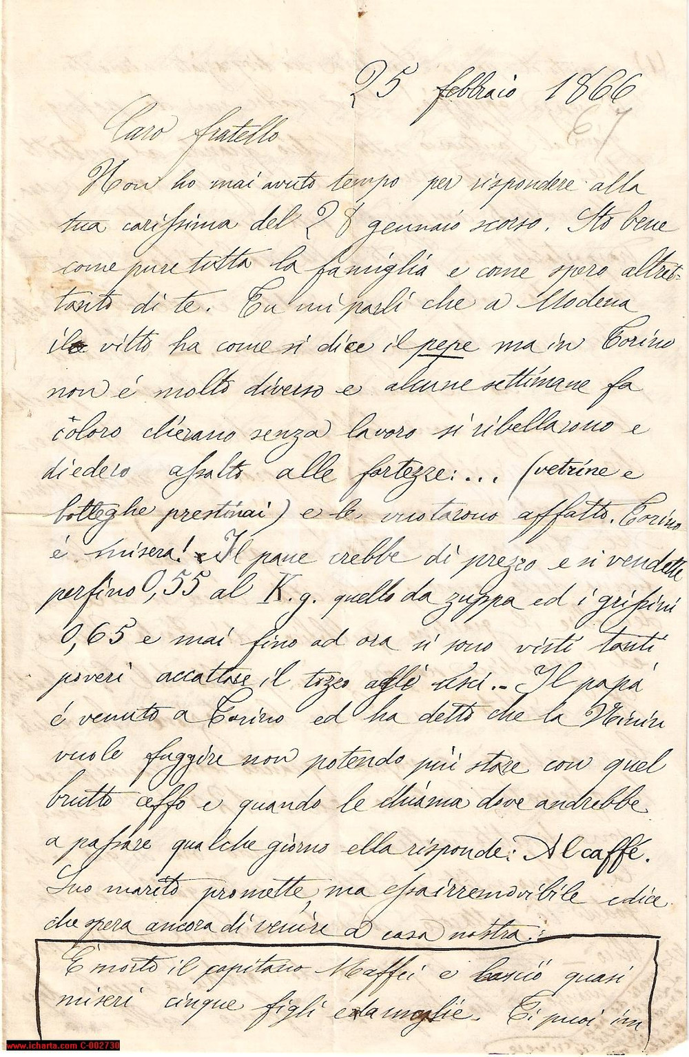 Manoscritto, lettera originale 1866 TORINO Disoccupati all'assalto - Mai visti tanti poveri accattare il tozzo 1