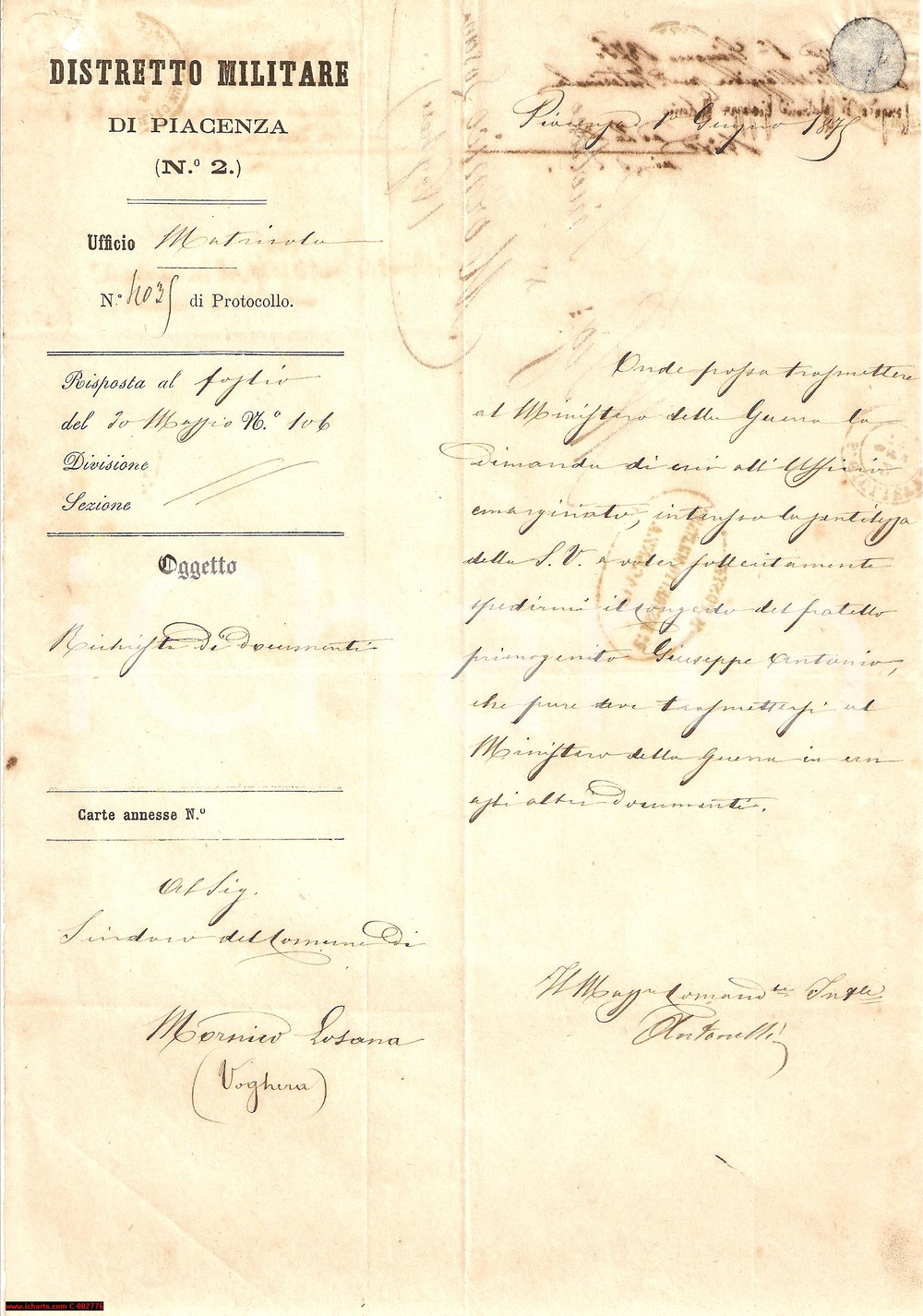 Documento originale, autentico 1875 MORNICO LOSANA (PV) Congedo Giuseppe Antonio CALATRONE 1