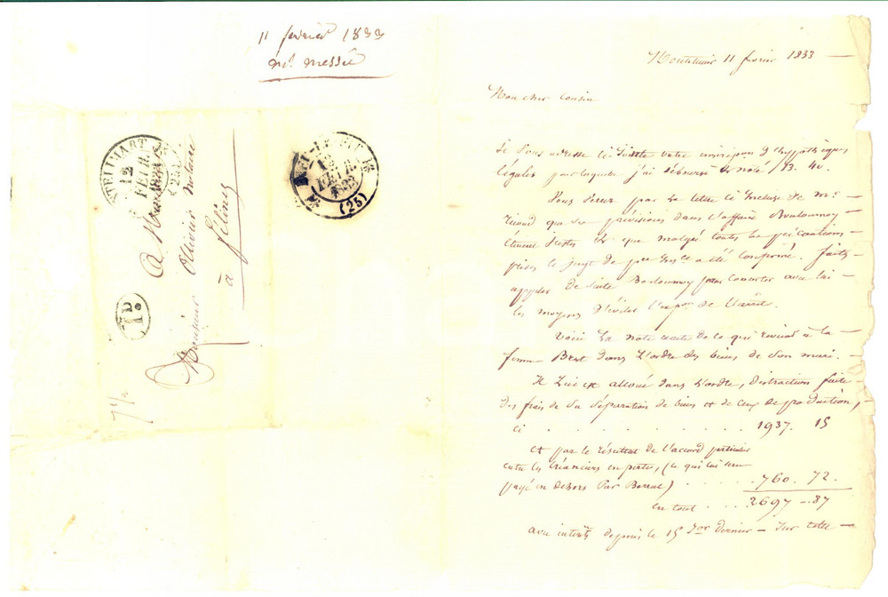 Manoscritto, lettera originale 1833 MONTELIMAR F Lettera d affari al notaio OLLIVIER dal cugino MESSIER 1