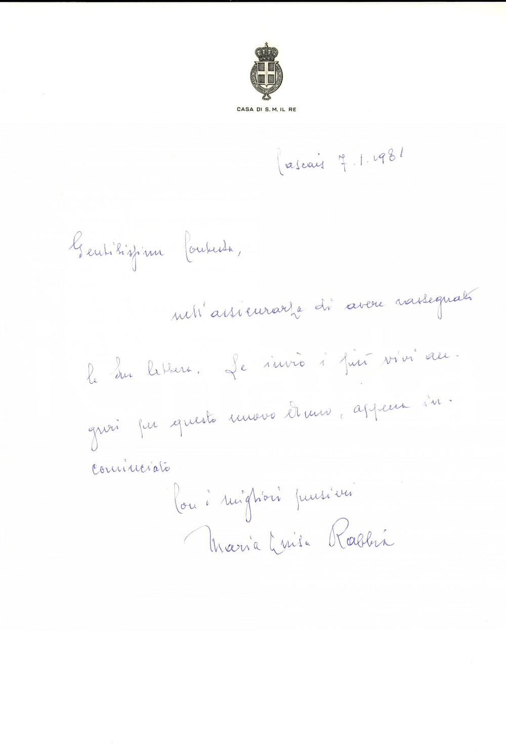 Autografo originale 1981 CASCAIS P Maria Luisa RABBIA consegna lettere a re UMBERTO II in esilio 1