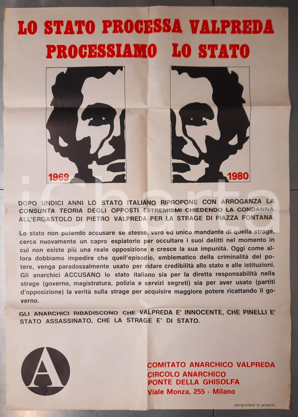 Materiale pubblicitario d’epoca 1980 MILANO Comitato Anarchico VALPREDA  Processiamo lo Stato AUTOGRAFO 2 1