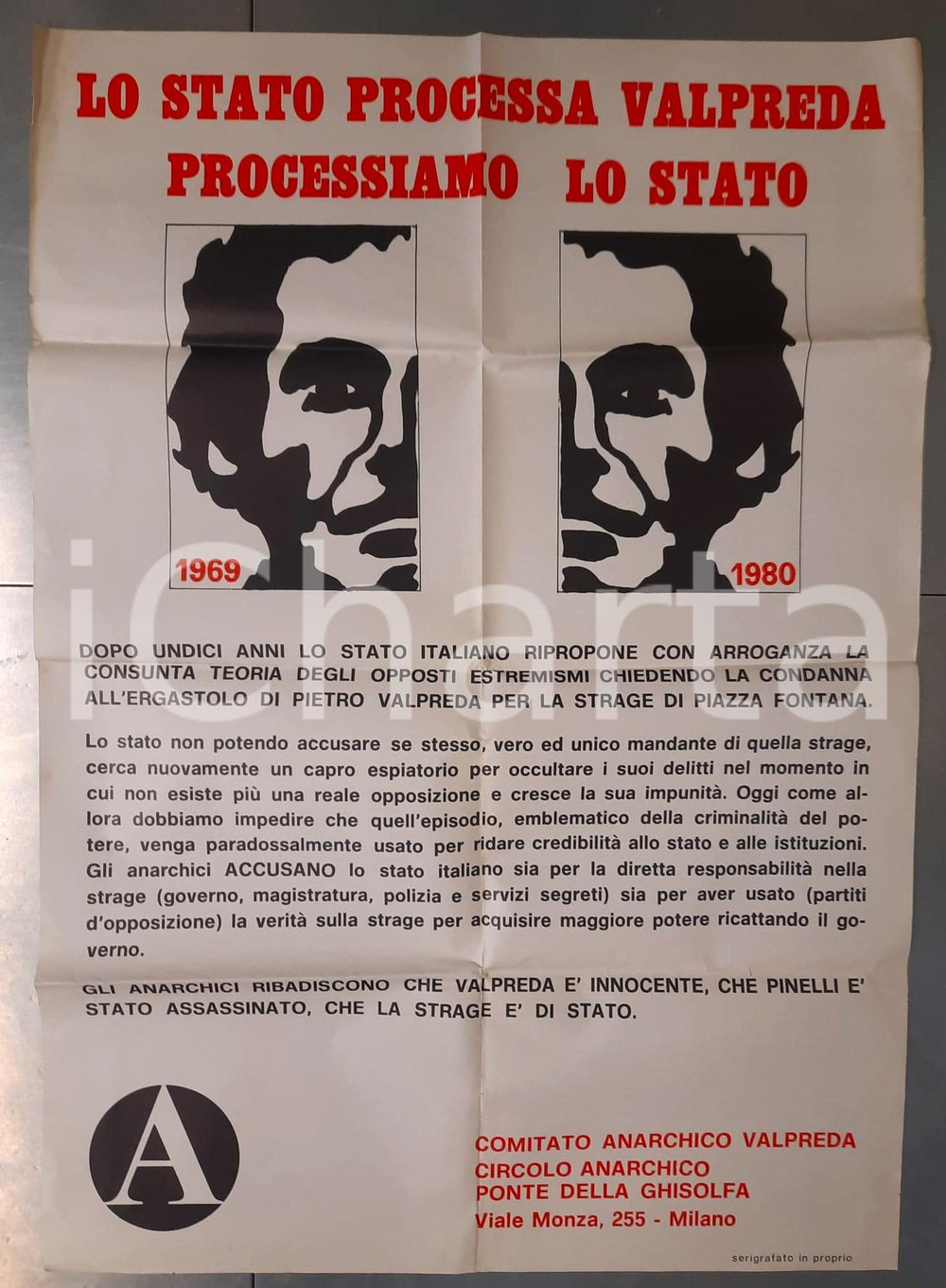 Materiale pubblicitario d’epoca 1980 MILANO Comitato Anarchico VALPREDA  Processiamo lo Stato AUTOGRAFO 1 1