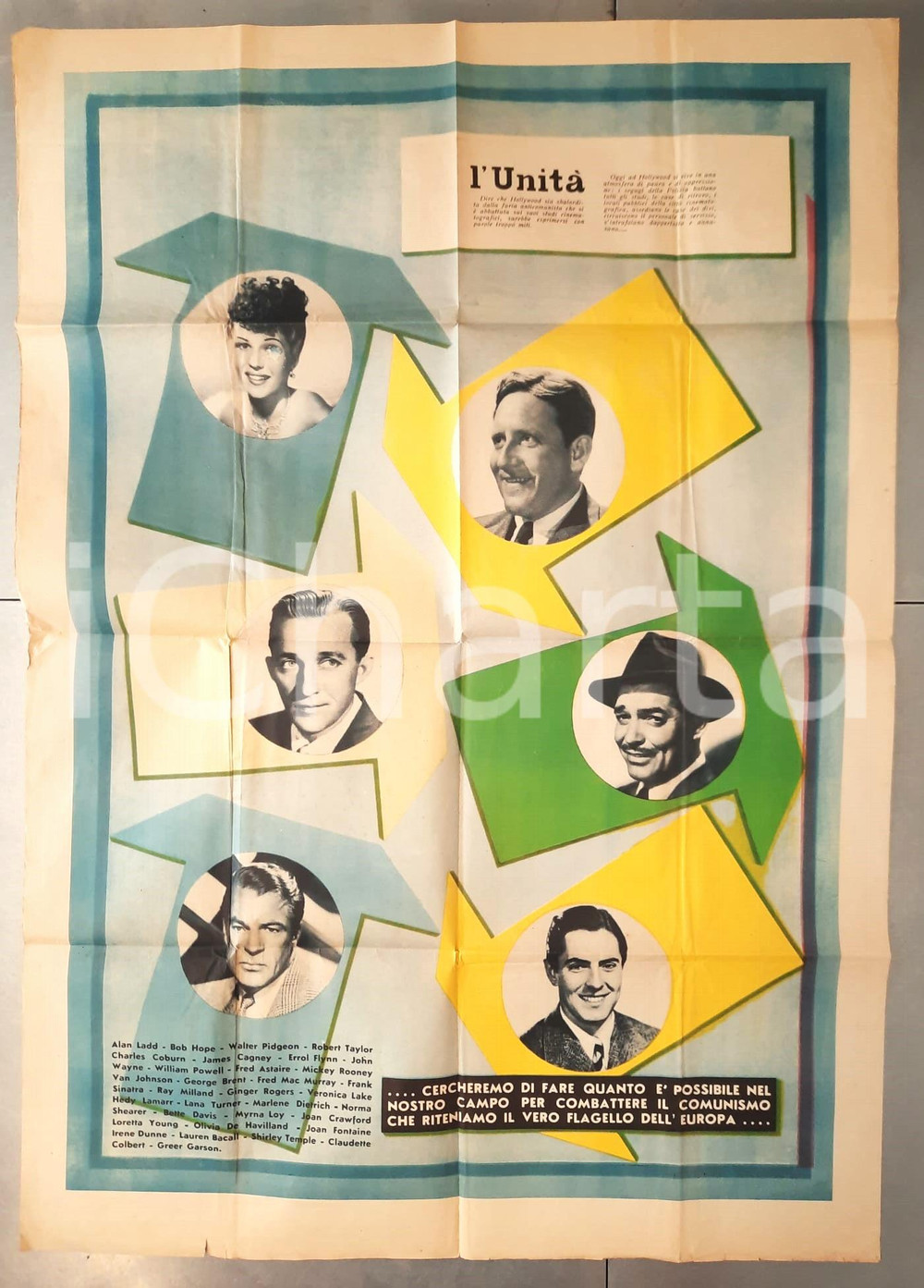 Materiale pubblicitario d’epoca ELEZIONI 1948 Attori di Hollywood  Comunismo pericolo d Europa Manifesto DC 1