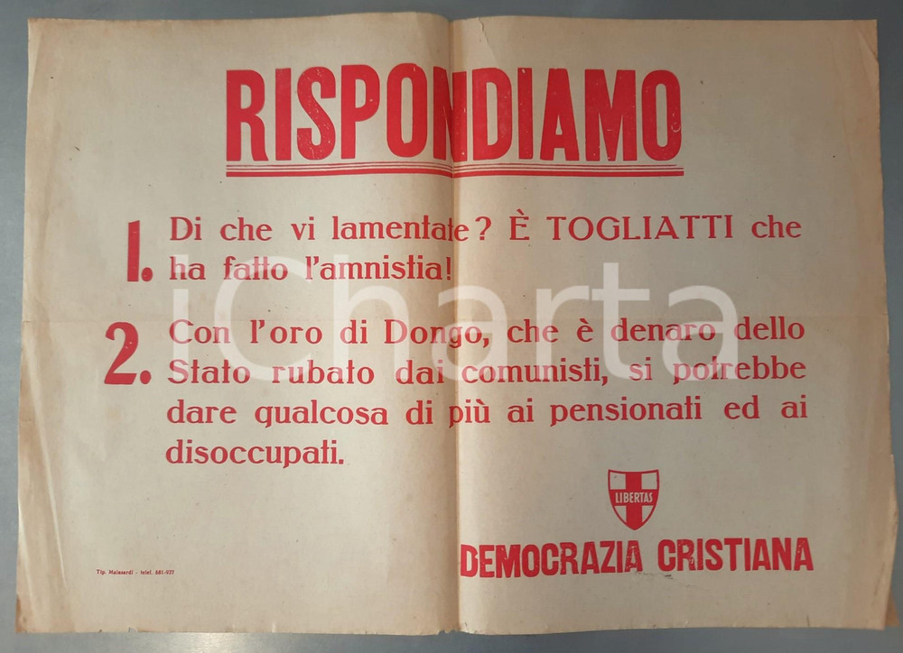 Materiale pubblicitario d’epoca ELEZIONI 1948 Togliatti ha fatto l amnistia Manifesto DEMOCRAZIA CRISTIANA 1