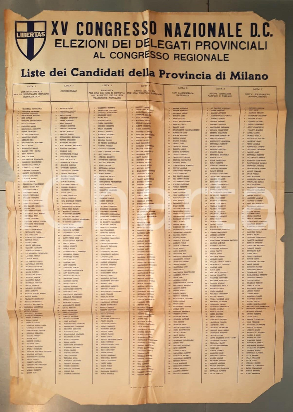 Materiale pubblicitario d’epoca 1982 DEMOCRAZIA CRISTIANA  MILANO  Candidati al Congresso Regionale Manifesto 1